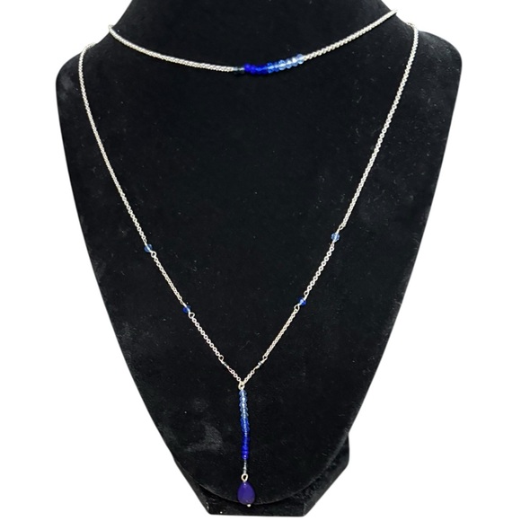 Lucky Brand Blue Beaded Layered Necklace | Silver Tone Y-Drop | 20” - Picture 3 of 5